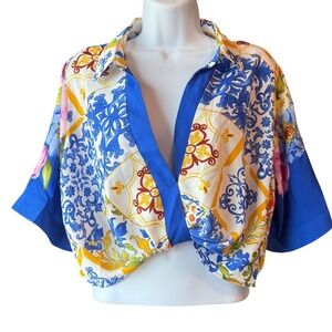 LULUMARI  Floral Medallion Patchwork Print Cropped Blouse Top Multicolor Size Lg